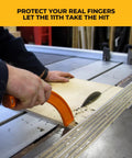 Person using 11th Finger Push Stick For Saw Protection And Finger Safety, Magnetic 10 Inch Orange Woodworking Pro Grade Tool on table saw