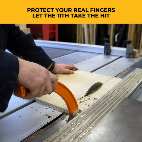 Person using 11th Finger Push Stick For Saw Protection And Finger Safety, Magnetic 10 Inch Orange Woodworking Pro Grade Tool on table saw