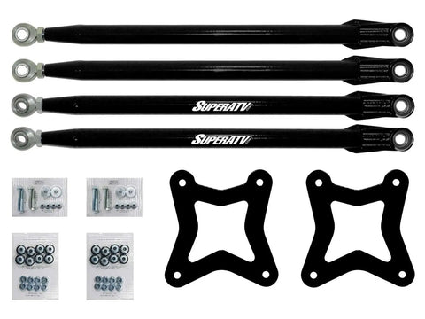 Heavy Duty Round Tubed Rear Radius Arms For Polaris RZR Models Red Finish With Adjustable Heim Joints And Hand Welded Construction For Maximum Strength And Durable Performance See Fitment Details black rear arms and hardware