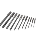 Pilot Punch 12 Piece Set In A Kit Bag With Black Oxide Finish For Driving And Removing Roll Pins Made In USA laid in a row
