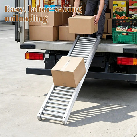Stainless Steel Roller Conveyor Slide Foldable Portable Heavy Duty Industrial Gravity Transport Cart For Warehousing Logistics and Shipping Up To 440 Lbs, used for unloading boxes from truck.