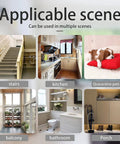 Extra Wide Pressure Mounted Baby Gate For Stairs And Openings shown in different areas like stairs, kitchen, with quarantine pets, and more.