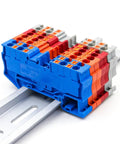 2.5mm2 4 Wire Terminal Block For DIN Rail With Spring Clamp, Orange, Compact Electrical Connection, 50 Pack, Quattro Style installed