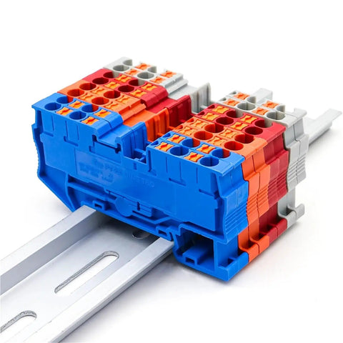 Orange 2.5mm2 4-Wire Terminal Block Kit For DIN Rail With Spring Clamp Connections 10 Pack Compact Electrical Terminal Blocks