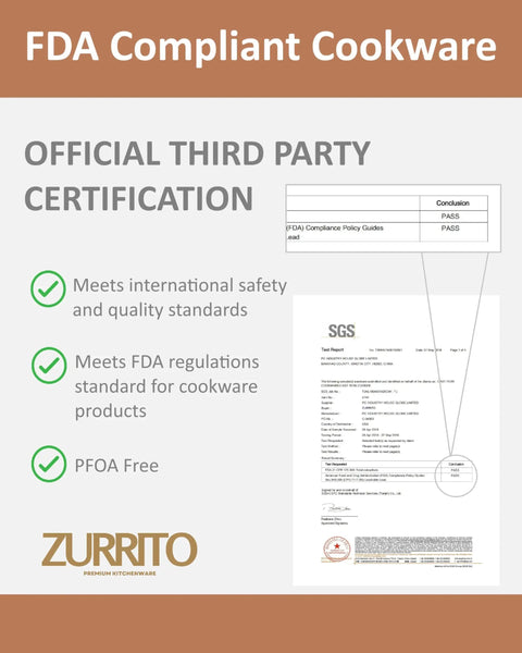 FDA compliant cookware certification with test report and quality standards for Zurrito kitchenware.