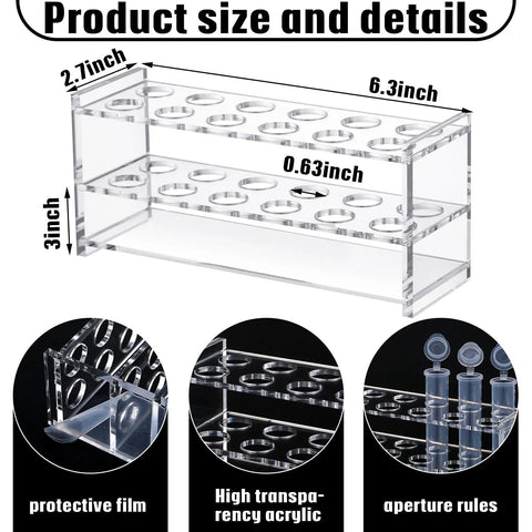 Two Pack Acrylic Test Tube Rack With Twelve Wells For 10ml Tubes Clear Centrifuge Tube Holder And Syringe Stand Transparent Lab Vial Stand 16mm Diameter Pro Grade Durable Space Saving Lab Organizer For Small Sample Sets, showing dimensions and details.