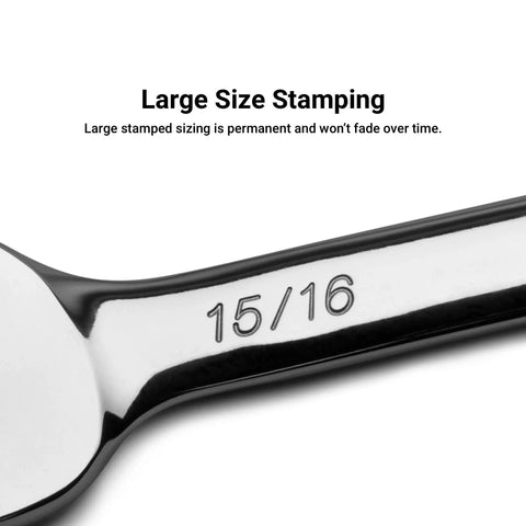 Three Quarters Inch Combination Wrench Twelve Point SAE Chrome Vanadium Heat Treated For High Torque Longer Handle showing size stamp