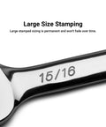 Close-up of large size stamping on the One And Three Sixteenths Inch 12 Point Combination Wrench SAE Built For High Torque Leverage With A Longer Handle Chrome Vanadium Forged For Pro Mechanics And DIYers.