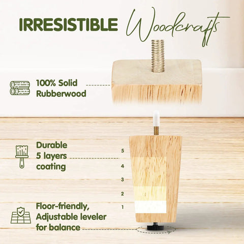 Four Point Five Inch Square Wood Furniture Legs Set Of Four With Adjustable Levelers showcasing solid rubberwood and coating layers.