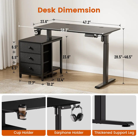 Electric Standing Desk With Drawers And Storage 47 By 24 Inch Sit Stand Desk Height Adjustable With 3 Memory Presets