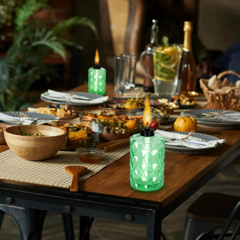 Outdoor Table Top Torch Set With 12 Oz Refill Canisters And Wicks Green Patio Torches For Luau Parties And Garden Decor DIY Backyard Lighting Includes Covers 4 Pack For A Lit Backyard Nighttime Vibe on dining table