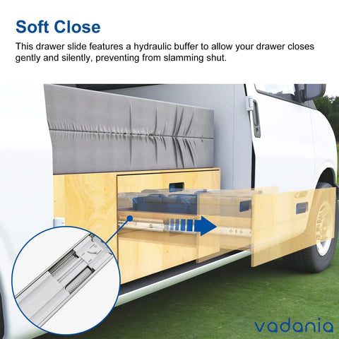 20 Inch Soft Close Heavy Duty Drawer Slides With Full Extension 3-Fold Ball Bearing Side Mount Up To 265 Pound Load One Pair For Kitchen Cabinets And Tool Chests in van installation