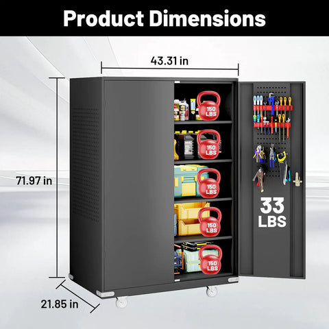 72 Inch Wide And Deep Metal Garage Storage Cabinet With Doors, Rolling Tool Cabinet, Pegboard On Doors And Back Panel, Adjustable Shelves, Mobile Wheels, Ideal For Garage, Office, Workshop, And Warehouse showing dimensions and storage features