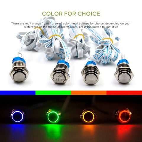 Five Next Level Four Color Metal Button Props with 12V Magnetic Lock, featuring red, blue, orange, and green LED lights.