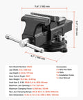 Built Like A Tank Heavy Duty Bench Vise With 4 Inch Ductile Iron Jaws And Full Rotary Swivel Base, shown from above with dimensions.