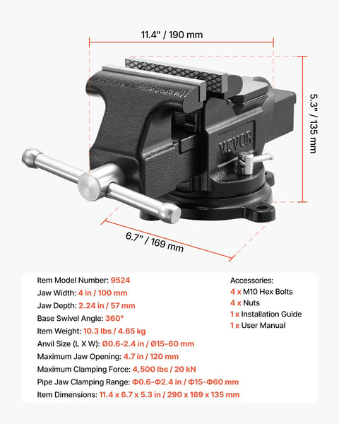 Built Like A Tank Heavy Duty Bench Vise With 4 Inch Ductile Iron Jaws And Full Rotary Swivel Base, shown from above with dimensions.