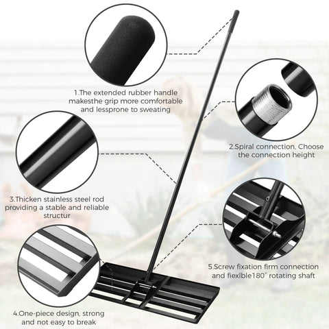 Heavy Duty Landscape Rake With 30 By 10 Inch Head And 78 Inch Detachable Stainless Steel Handle detailed features illustration