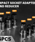 Premium 6-Piece Impact Socket Adapter And Reducer Kit That Lets You Go From Quarter To Half Inch Like A Boss With Heavy Duty Build For Serious Garage Jobs, 6 steel CR-V adapters