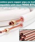 Mini Split Line Set Kit With 25 Ft Copper Lines One Quarter Inch And Three Eighth Inch Outer Diameter Three Eighth Inch PE Insulated Coil Line Set And Installation Fittings For Air Conditioners HVAC Refrigeration And Heat Pump Systems, showing copper pipes with fittings