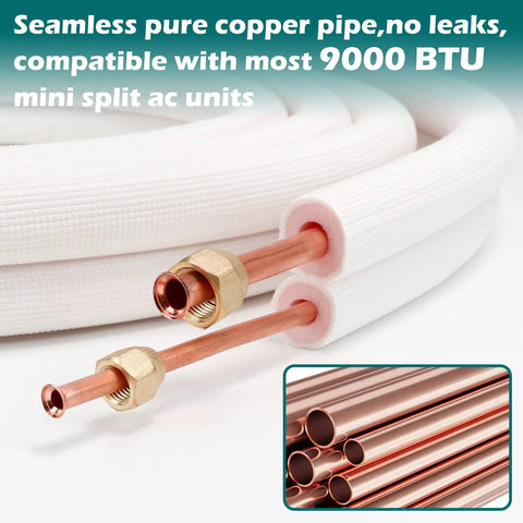 Mini Split Line Set Kit With 25 Ft Copper Lines One Quarter Inch And Three Eighth Inch Outer Diameter Three Eighth Inch PE Insulated Coil Line Set And Installation Fittings For Air Conditioners HVAC Refrigeration And Heat Pump Systems, showing copper pipes with fittings