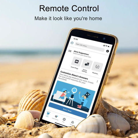 Smart Plug Set For Alexa With Easy Voice Setup Hands Free Plug And Play Control Remote On Off Timers and phone control app on beach