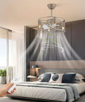 Ceiling Fan with Light with Handheld Controller, 3-Blade Caged Fan, Iron, installed in modern bedroom with remote in hand.
