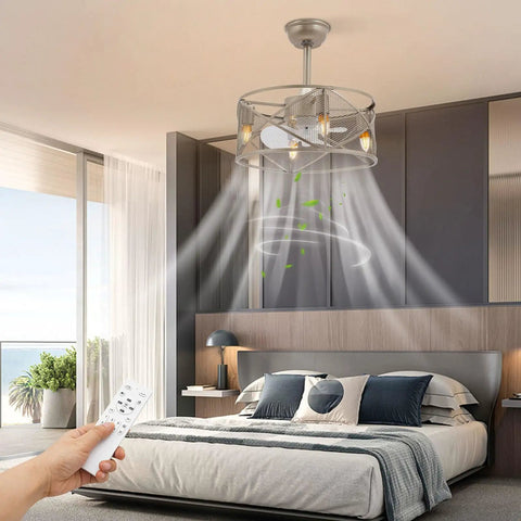 Ceiling Fan with Light 3-Blade Low Noise Modern Ceiling Mount for Bedroom, stylish bedroom setup with remote control.