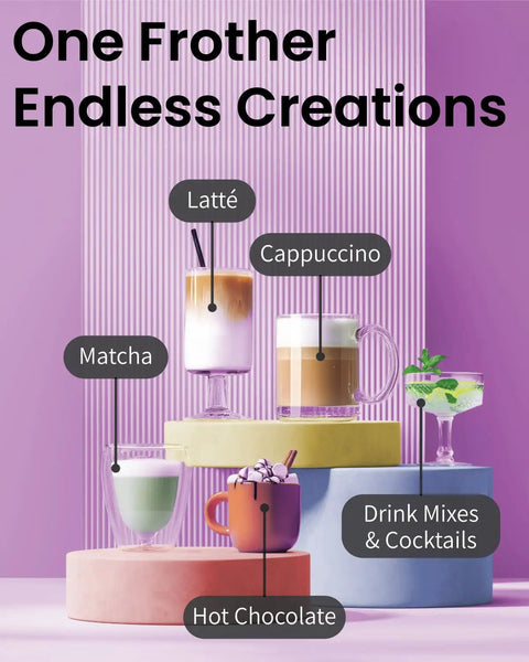 Kickass Barista Grade Milk Frother Wand Handheld Drink Mixer with various drinks like latte, cappuccino, matcha on colored pedestals.