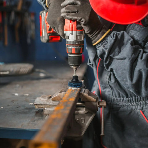 Worker using 33 Piece Diamond Sanding Discs Set With 2 Inch Quick Change Strip Wheels For Drill Or Die Grinder on metal surface