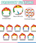 Product feature showing Dumpster Fire Sticky Notes 9 Pack Cute Shaped Self Adhesive Notepads with 9 designs, 30 sheets each.