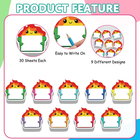 Product feature showing Dumpster Fire Sticky Notes 9 Pack Cute Shaped Self Adhesive Notepads with 9 designs, 30 sheets each.