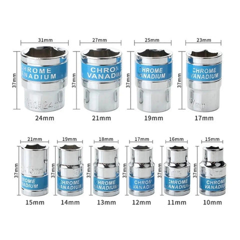 Real Deal 12 Piece Torque Wrench Set With 1/2 Inch Drive Metric Hex Sockets And Adjustable Spanner Kit showing various chrome vanadium metric sockets.