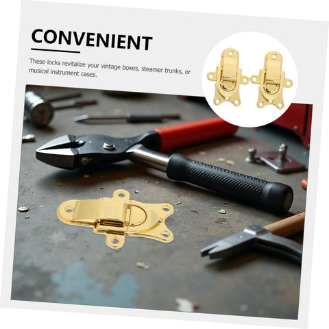Get Cool 2pcs Vintage Zinc Alloy Toggle Latch Buckle Locks for Toolboxes and Jewelry Cases Super Durable Metal Box Hasp Replacement displayed with tools.