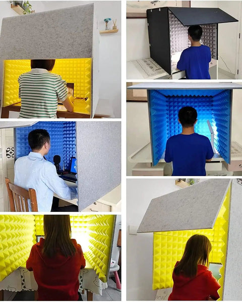 Hella Effective Portable Soundproof Booth With Foldable Acoustic Foam Panels For Desktop Recording Studio Noise Blocking Vocal Shield And Mic Setup, various angles with users.