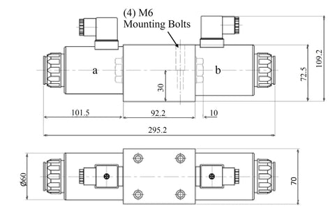 Built Tough Hydraulic Directional Control Valve D05 NG10 31 GPM 4560 Psi AC Or DC M Motor Center A B Blocked To Tank 12VDC Cetop 5 Mount IP65 Dust And Water Resistant Lighted When Energized DIN Connectors technical drawing showing dimensions and DIN connectors.