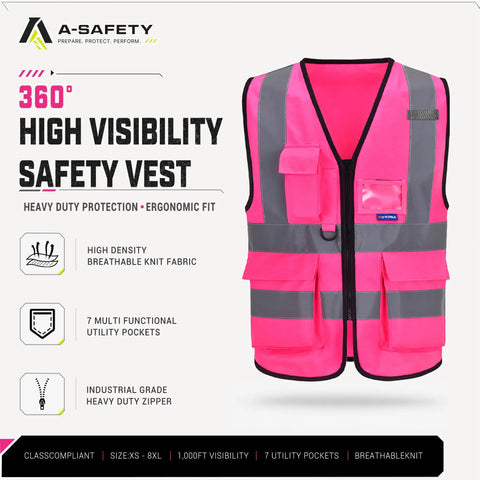 Dope Bright Pink Hi Vis Reflective Safety Vest With Front Zipper And Radio Mic Loop Lightweight Polyester Workgear Built Tough And Ready For The Daily Grind, featuring multiple utility pockets and breathable fabric.