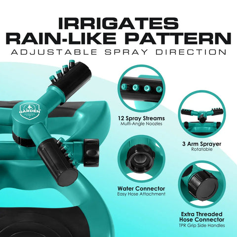 Rotating Garden Sprinkler With 3 Adjustable Arms Stable Weighted Base 360 Degree Coverage showing multi-angle nozzles and connectors