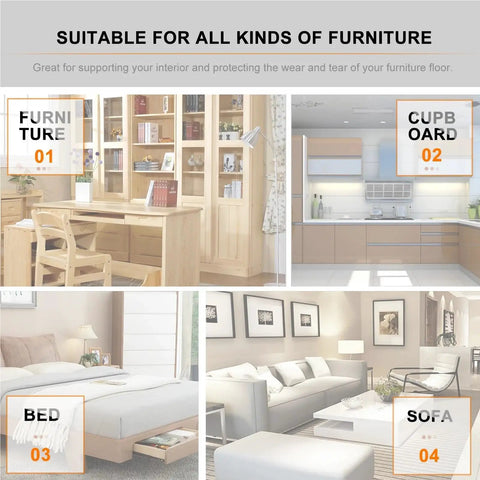 Various furniture settings showcasing four pack rustic wooden table legs with classic grain for dressers, cabinets, and sofas.