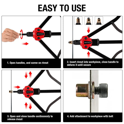 Step-by-step instructions for using the 16 Inch Semi Automatic Rivet Nut Tool Kit With Quick Swap Mandrels and Sleek Portable Case.