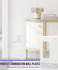 Combination Decorator Rocker And Blank Outlet Wall Plate 2 Gang Standard Size 4.50 By 4.57 Inch shown on a wall