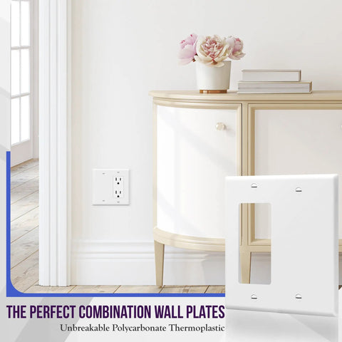 Combination Decorator Rocker And Blank Outlet Wall Plate 2 Gang Standard Size 4.50 By 4.57 Inch shown on a wall