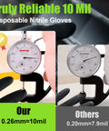 Thickness measurement comparison of Heavy Duty Black Nitrile Mechanic Gloves 10 Mil Extra Large 100 Count For Tough Auto Work