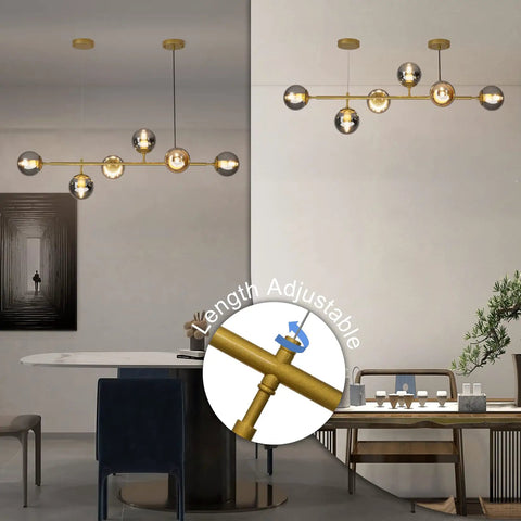 Modern Gold Pendant Lighting With Smoke Gray Glass Globes Adjustable 6-Light Hanging Ceiling Fixture For Living Room Dining Room Kitchen And Bedroom With A Soft Glow For A Cozy Vibe