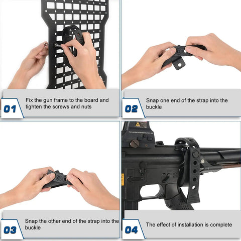 Assembly steps for Two Piece Gun Rack Mount Kit For Rigid MOLLE Panels With Quick Release Rubber Straps on truck organizer.