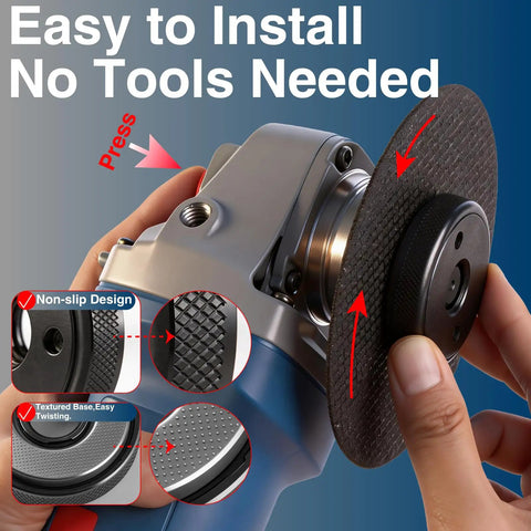 2 Pack 5/8-11 Angle Grinder Flange Nuts With Tool Free Quick Release Locking Kit shown on grinder, easy install, hand turning wheel