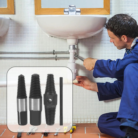 Heavy Duty Carbon Steel Broken Screw Extractor Kit That Slays Jammed Bolts For Faucets And Pipes, Simple To Operate Tool For Quick Pipe Fix Without Drilling, shown in bathroom sink repair