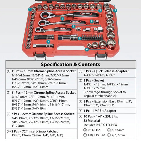 Low Profile Pass-Through Socket Wrench Set With 52 Spline Sockets, SAE And Metric shown with accessories and specification list