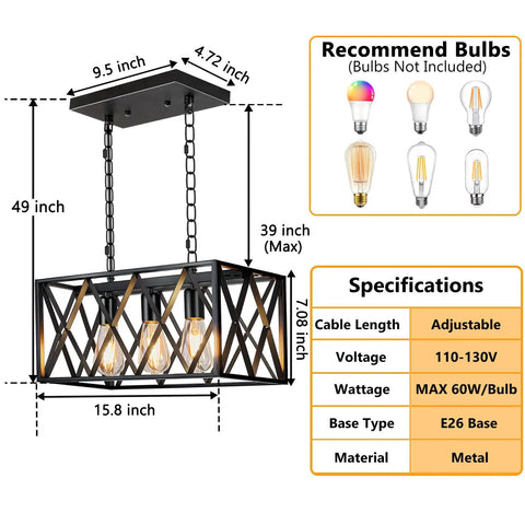 Industrial Kitchen Island Pendant Lighting Rectangular Vintage Rustic Modern Farmhouse Three Light Hanging Fixture dimensions and specifications shown