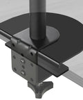 Heavy Duty Steel Reinforcement Bracket And Mount Plate For Glass Or Thin Desks Secures C Clamp Monitor Arm with anti-slip pads mounted on desk.