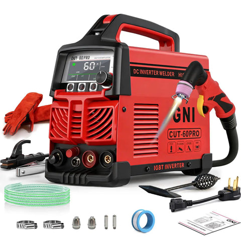 2 In 1 Portable Plasma Cutter And Stick Welder 60PRO Non Touch Pilot Arc 120V To 240V Cutter Machine With Pre Installed Air Regulator displayed with accessories